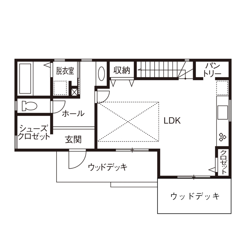 一級建築士事務所　日本住宅（室澤工務店） 【厚木市/吹抜け/間取り図有】吹抜けとカバードポーチで開放感あふれるカリフォルニアスタイルの家の間取り図（3LDK）1階