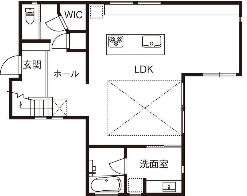 三菱地所ホーム タイルやウォルナットなど、多彩な素材が溶け合う上質な佇まい。映像を投影できる吹抜けで暮らしを愉しむの間取り図（3LDK）1階