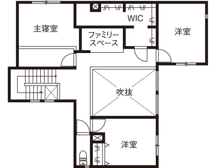 三菱地所ホーム タイルやウォルナットなど、多彩な素材が溶け合う上質な佇まい。映像を投影できる吹抜けで暮らしを愉しむの間取り図（3LDK）2階