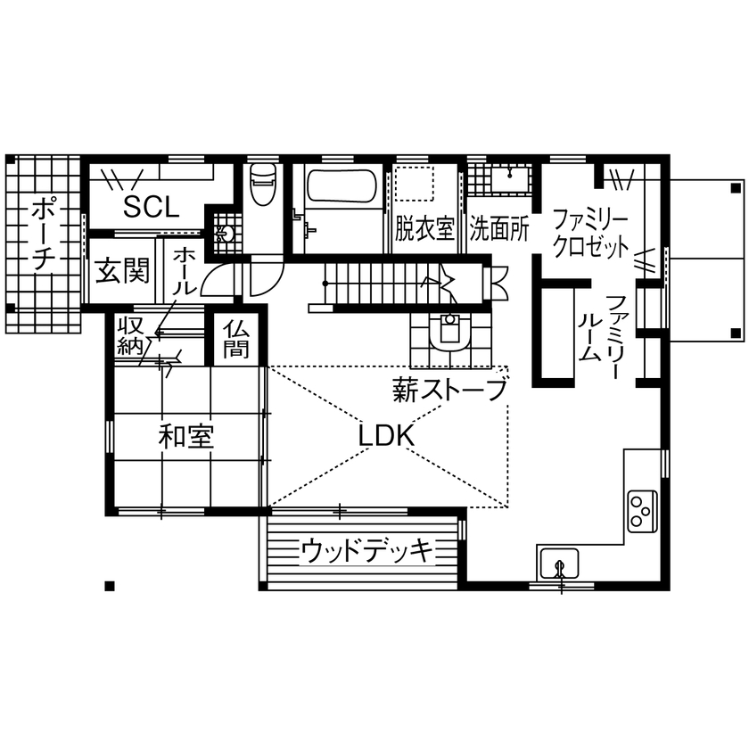 アイジースタイルハウス 【平屋風×ミニマルな暮らし】定年後のライフスタイルまで見据えた、二人暮らしにちょうどいい29坪の家の間取り図（2LDK）1階