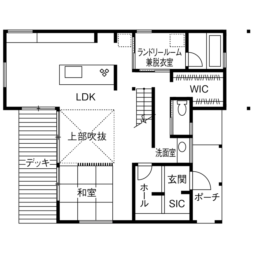 アイジースタイルハウス 【自然素材×シンプル】庭に面した窓を大きく、仕切りは少なく。外と、家族と、シームレスにつながる家の間取り図（3LDK）1階