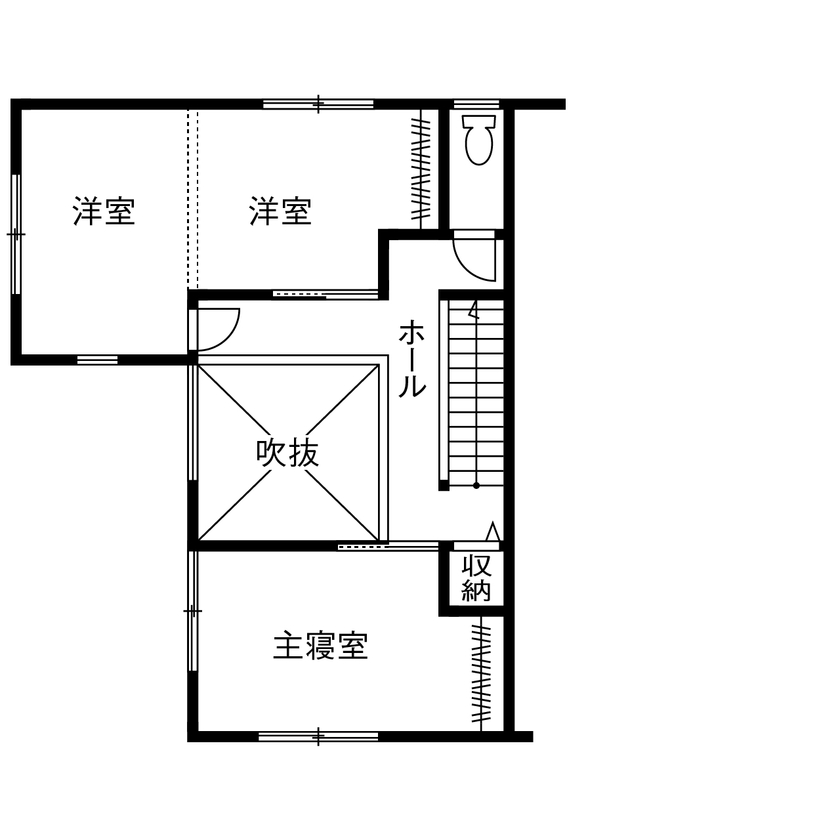 アイジースタイルハウス 【自然素材×シンプル】庭に面した窓を大きく、仕切りは少なく。外と、家族と、シームレスにつながる家の間取り図（3LDK）2階