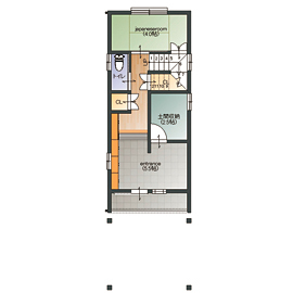 Space Labo　永冨 【愛知県×2000万円台×間取り図×狭小×３階建】間口4.3mの狭小でもガレージ付きで大型収納があるおしゃれな家の間取り図（3LDK）1階