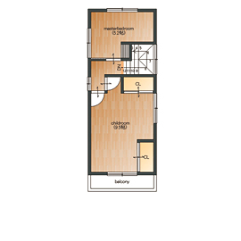 Space Labo　永冨 【愛知県×2000万円台×間取り図×狭小×３階建】間口4.3mの狭小でもガレージ付きで大型収納があるおしゃれな家の間取り図（3LDK）3階