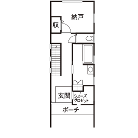 Space Labo　永冨 【愛知県×1000万円台×狭小】間口約4.5ｍの狭小地。開放的に暮らす工夫を凝らしたシンプルモダンの3階建ての間取り図（3LDK）1階