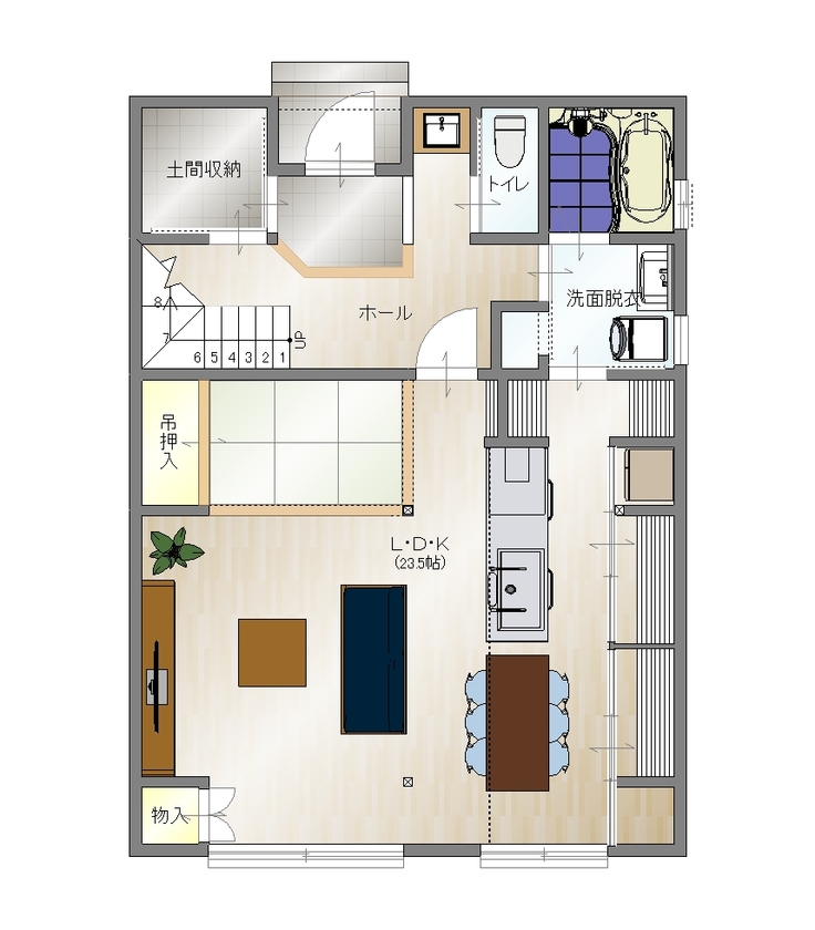 Space Labo　永冨 【愛知県×2000万円台×間取り図×屋上バルコニー】ワイドリビングがあるからゆったりくつろげるオシャレな家の間取り図（3LDK）1階