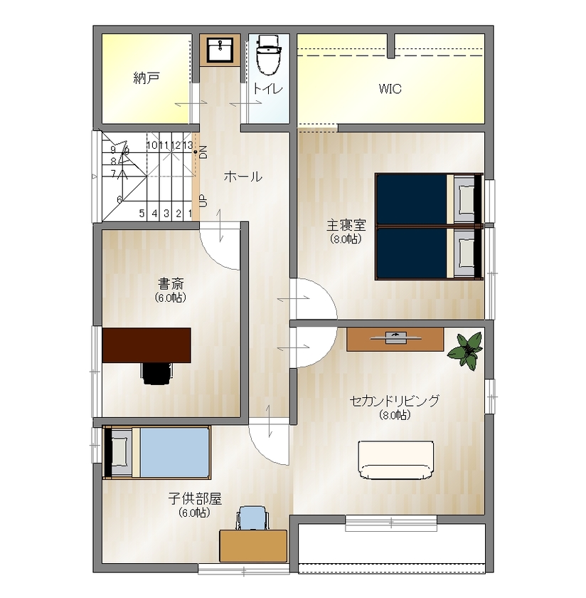 Space Labo　永冨 【愛知県×2000万円台×間取り図×屋上バルコニー】ワイドリビングがあるからゆったりくつろげるオシャレな家の間取り図（3LDK）2階