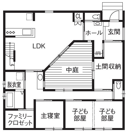 Space Labo　永冨 【愛知県×2000万円台×平屋×30坪】中庭から光が注ぐロの字の平屋「カーテン要らずで寛げます！」の間取り図（3LDK）１階