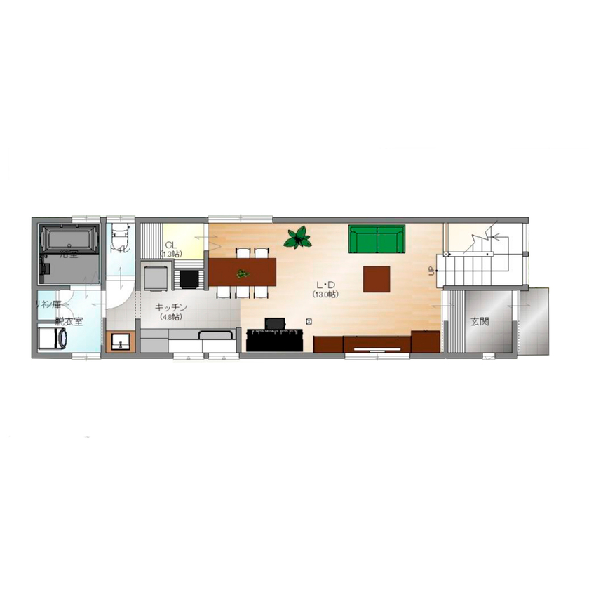 Space Labo　永冨 【1000万円台×27坪台×間取図有】「暮らしのヒアリング」で、収納・動線まで心地いい狭小住宅に！の間取り図（3LDK）1階