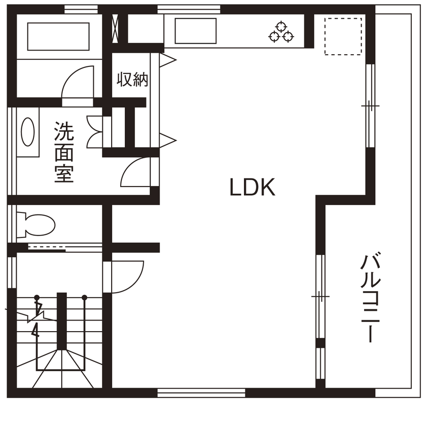 アールギャラリー(アールプランナー) 【3000万円台/3階建て/敷地30坪台/間取り図】限られた敷地を活かす美容室と住居の3階建て店舗併用住宅の間取り図（3LDK）2階
