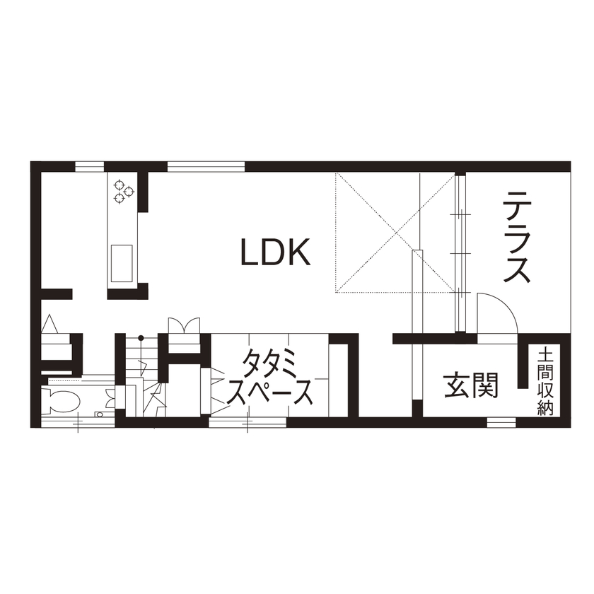 アールギャラリー(アールプランナー) 【名古屋市/2000万円台/30坪台/間取り図】陽だまりテラスやカフェ風リビング、吹き抜けや土間のある家の間取り図（2LDK）1階