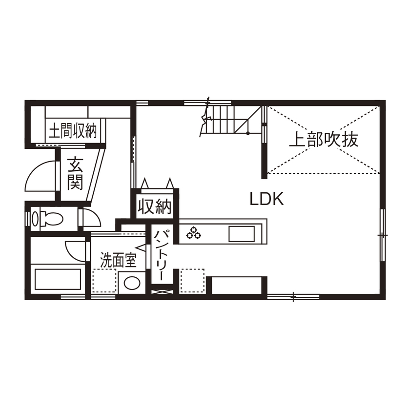 アールギャラリー(アールプランナー) 【2000万円台/30坪台/間取り図】こだわりの壁や窓、照明で創る吹き抜けを楽しむインダストリアルハウスの間取り図（3LDK）1階