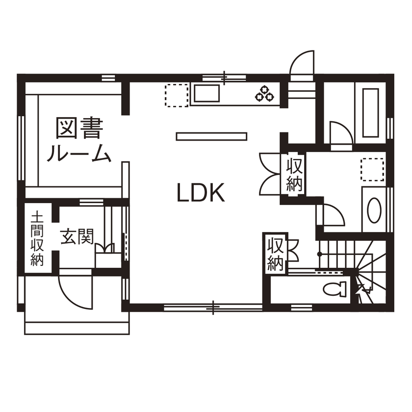 アールギャラリー(アールプランナー) 【2000万円台/30坪台/間取り図】家族が自然に集う陽だまりの図書ルームがある、ナチュラルモダンな家の間取り図（3LDK）1階