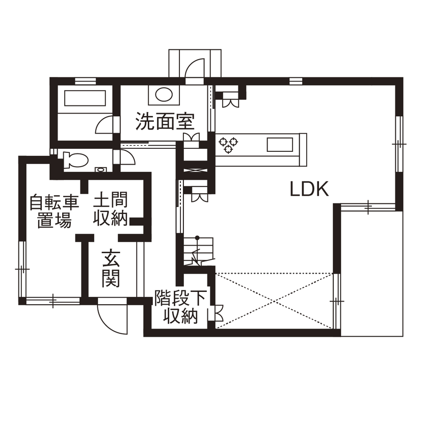 アールギャラリー(アールプランナー) 【2000万円台/30坪台/間取図有】土間が趣味空間に。ストックルームで子どもが遊ぶ、吹抜けのある家の間取り図（3LDK）1階