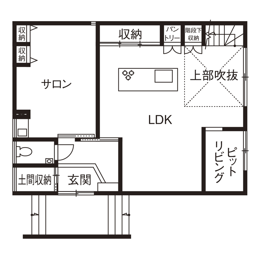 アールギャラリー(アールプランナー) 【2000万円台/40坪/間取り図有】設計士と描く、吹抜けダイニング×ピットリビングの明るい家の間取り図（4LDK）1階