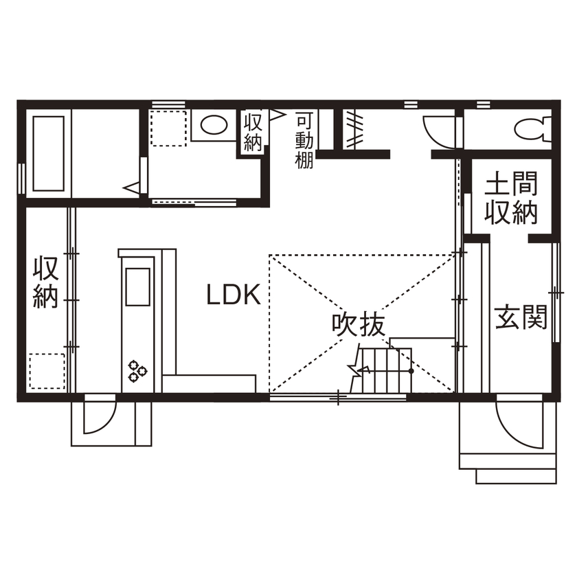 アールギャラリー(アールプランナー) 【2000万円台/30坪/旗竿地/間取り図】狭小地でつくる吹抜けと回廊、土間。壁をなくした玄関で開放的な家にの間取り図（3LDK）1階