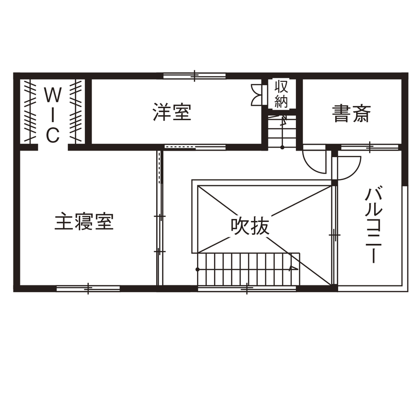アールギャラリー(アールプランナー) 【2000万円台/30坪/旗竿地/間取り図】狭小地でつくる吹抜けと回廊、土間。壁をなくした玄関で開放的な家にの間取り図（3LDK）2階