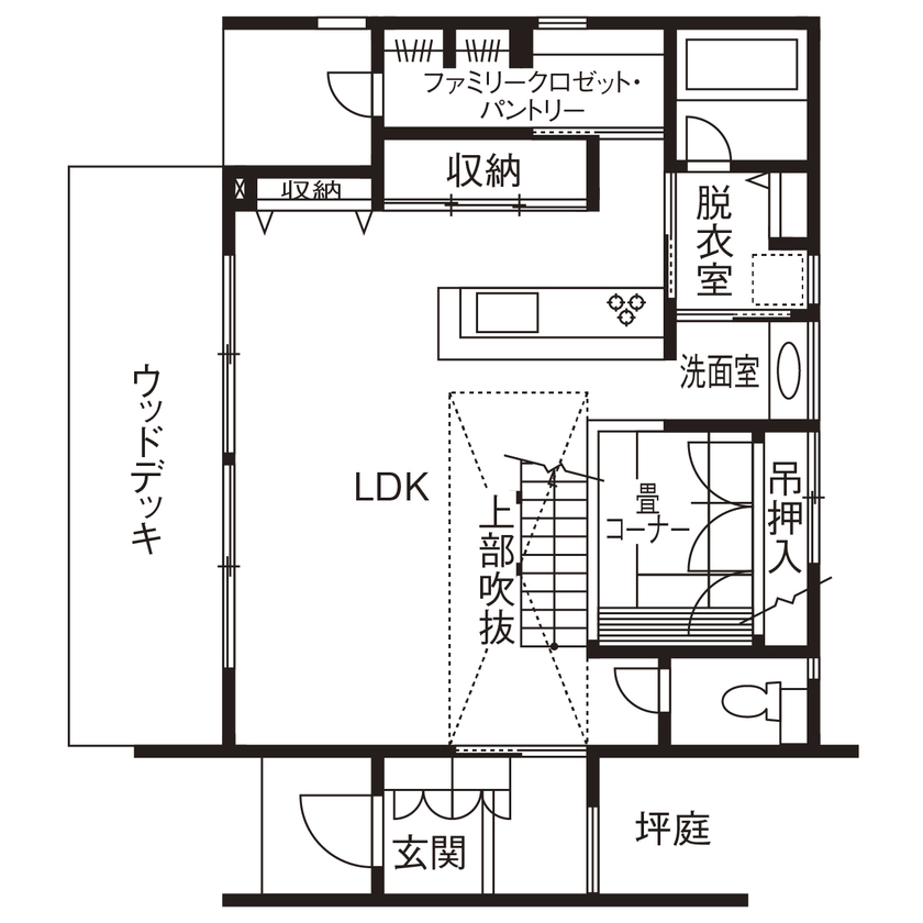 アールギャラリー(アールプランナー) 【3000万円台/40坪台/間取り有】塗り壁×吹き抜け×全館空調。「開け放つ暮らし」を楽しむ家の間取り図（4LDK）1階
