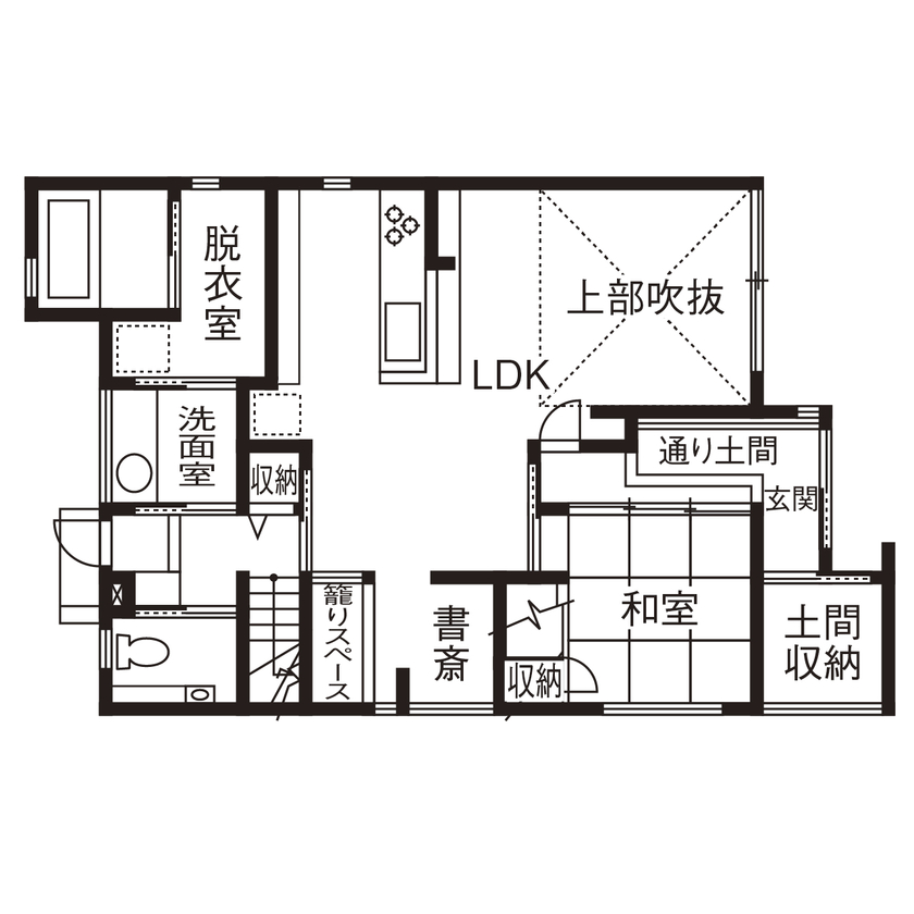 アールギャラリー(アールプランナー) 【2000万円台/30坪台/間取り有】こだわりの素材で魅せる。吹抜けや書斎を備える非日常空間を味わう家の間取り図（4LDK）1階