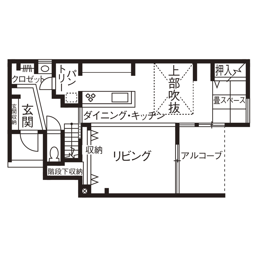 アールギャラリー(アールプランナー) 【2000万円台／30坪台／間取り有】吹抜けとピットリビングで生まれる開放感。外に閉じて、内に開放する家の間取り図（3LDK）1階