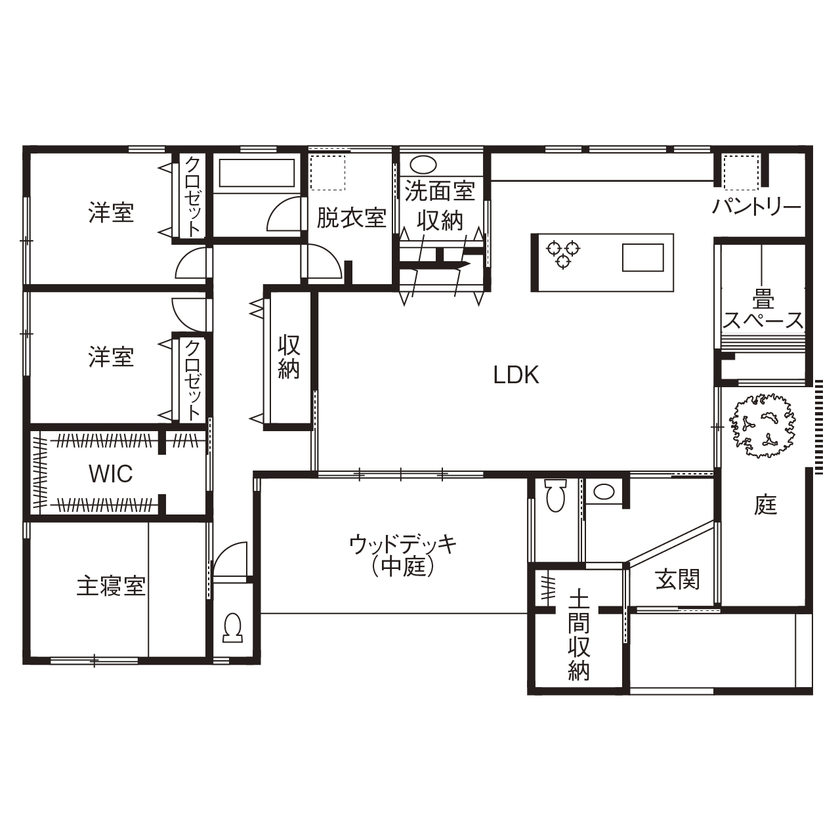 アールギャラリー(アールプランナー) 【平屋/3000万円台/30坪台/3LDK/間取り図】2つの庭を持つ、非日常の平屋。隠れ家的レストランの佇まいの間取り図（3LDK）1階