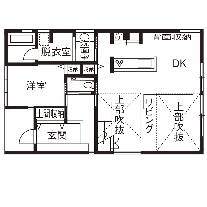 アールギャラリー(アールプランナー) 【2000万円台/40坪台/間取り有】吹抜けリビングに架かる、橋のような回廊。開放的な空間と、遊び心のある家の間取り図（4LDK）1階
