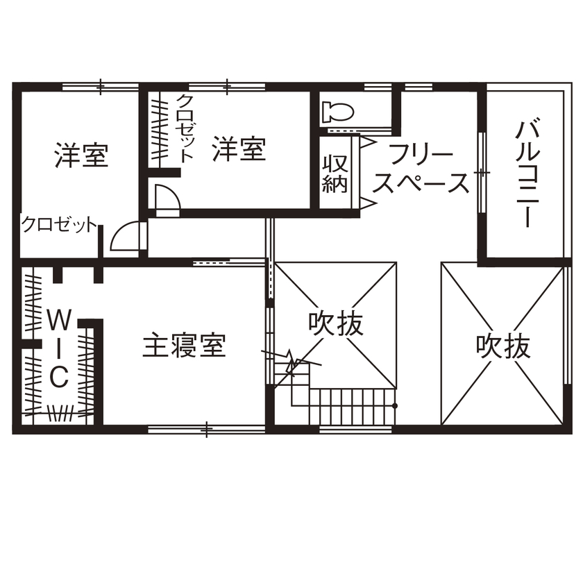 アールギャラリー(アールプランナー) 【2000万円台/40坪台/間取り有】吹抜けリビングに架かる、橋のような回廊。開放的な空間と、遊び心のある家の間取り図（4LDK）2階