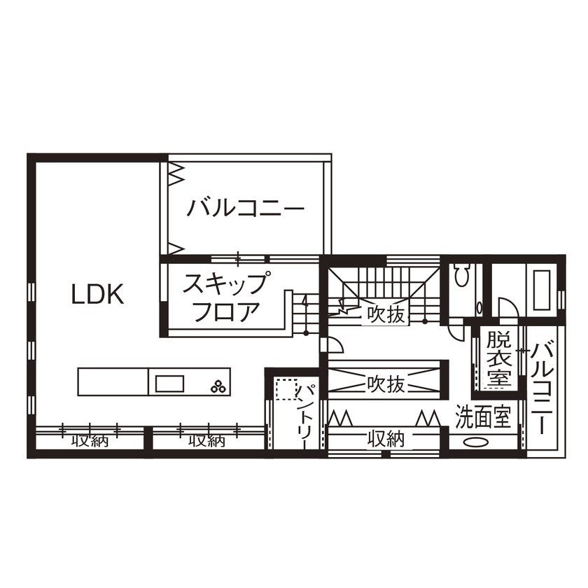 アールギャラリー(アールプランナー) 【ハイグレード／60坪／間取り有】鉄骨階段から回廊を渡り2階LDKへ。家時間が充実する、寛ぎのリゾート空間の間取り図（3LDK）2階