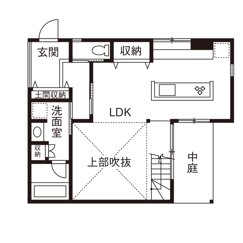 アールギャラリー(アールプランナー) 【2000万円台/30坪台/間取り有】吹抜けリビングと中庭のある暮らし。外を閉じて、内に開放する家の間取り図（3LDK）1階
