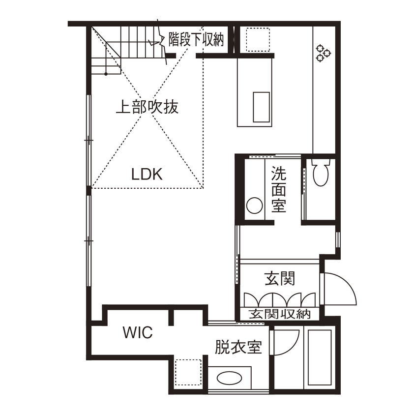 アールギャラリー(アールプランナー) 【2000万円台/30坪台/間取り有】モダンクラシックな塗り壁の外観。吹抜けとのギャップを楽しむ家の間取り図（4LDK）1階