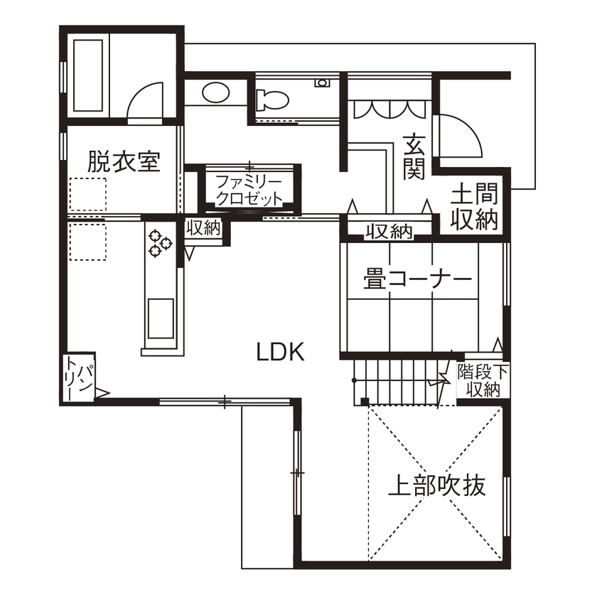 アールギャラリー(アールプランナー) 【2000万円台/36坪台/間取有】立地に左右されない、中庭のあるコートプラン。吹抜けが陽だまりを生み出す家の間取り図（3LDK）1階