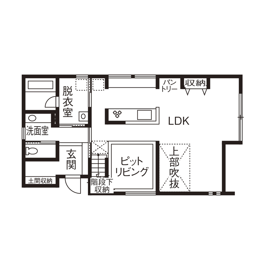 アールギャラリー(アールプランナー) 【3000万円台/40坪台/間取り図】吹抜けのタテ使いでスキップフロア＆ピットリビングを実現。屋上庭園も注目の間取り図（3LDK）1階