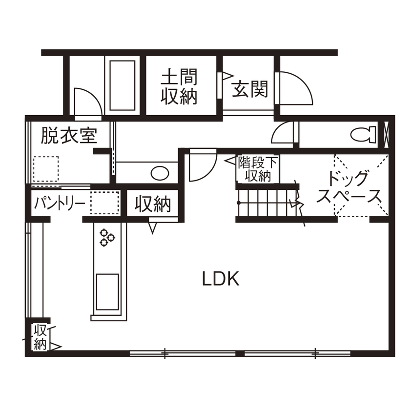 アールギャラリー(アールプランナー) 【2000万円台/35坪台/間取り有】吹付け壁の外観、造作のリビングドア＆吹抜け空間、シンプルモダンで創る家の間取り図（3LDK）1階