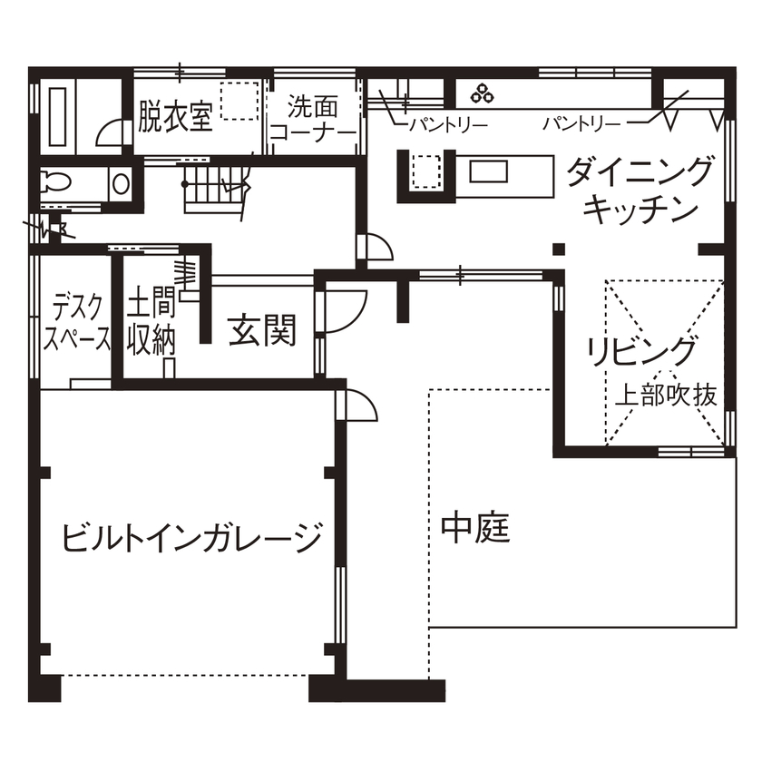 アールギャラリー(アールプランナー) 【ハイグレード/50坪台/間取り図】屋外にも、屋内にも“非日常”を。ビルトインガレージと中庭を楽しむ家の間取り図（4LDK）1階