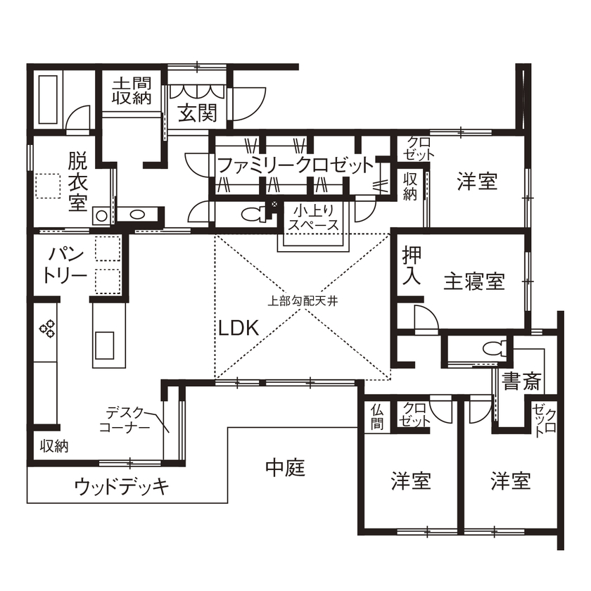 アールギャラリー(アールプランナー) 【平屋/二世帯住宅/40坪台/4LDK/間取り図】賑やかに集い、穏やかに暮らす。親子二世代が寄り添う平屋建ての間取り図（4LDK+書斎）1階