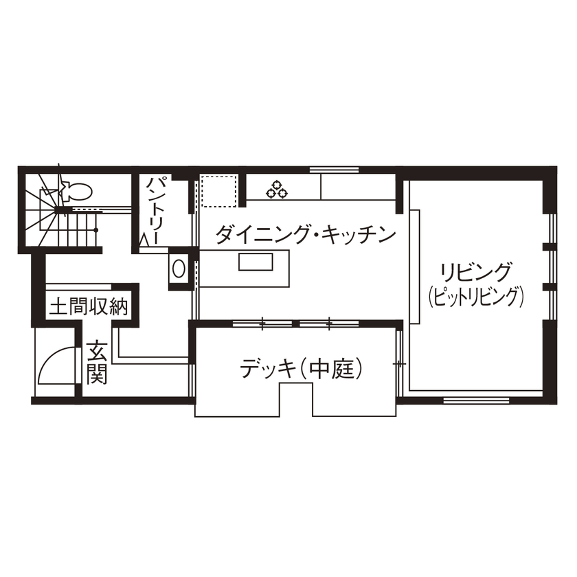 アールギャラリー(アールプランナー) 【3000万円台/30坪台/間取り図】ピットリビング、中庭、屋上庭園を実現。限られた敷地に広がるリゾート空間の間取り図（3LDK+屋上庭園）1階
