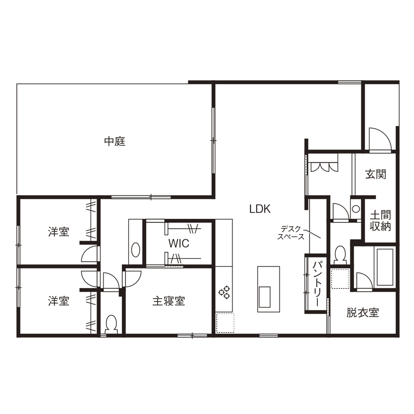 アールギャラリー(アールプランナー) 【3000万円台/平屋/中庭/30坪台/間取り図】余白のある空間と、情景豊かな庭。非日常の寛ぎで創る平屋建ての間取り図（3LDK+WIC+パントリー）1階