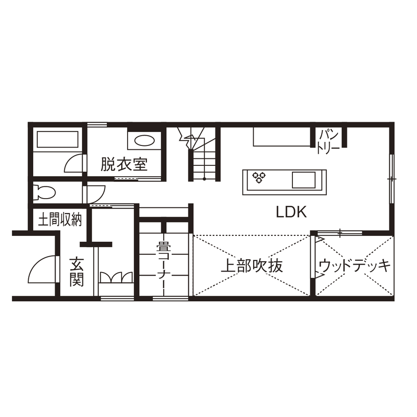 アールギャラリー(アールプランナー) 【2000万円台/35坪台/間取り有】吹抜けリビングで紡ぐ、家族時間。居場所選びが楽しくなる家の間取り図（3LDK+WIC+納戸）1階