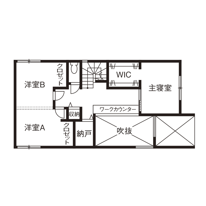 アールギャラリー(アールプランナー) 【2000万円台/35坪台/間取り有】吹抜けリビングで紡ぐ、家族時間。居場所選びが楽しくなる家の間取り図（3LDK+WIC+納戸）2階