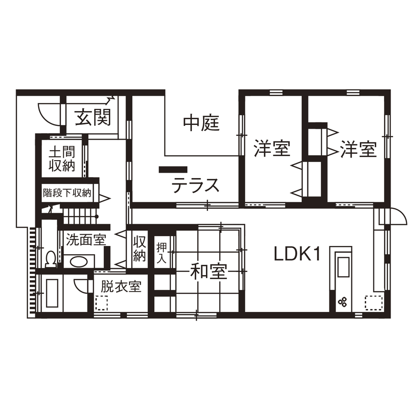 アールギャラリー(アールプランナー) 【二世帯住宅/60坪台/間取り図】家族だけが眺められる中庭のある暮らし。コの字型で造るリゾートな家の間取り図（3LDK+WIC／2階子世帯）1階