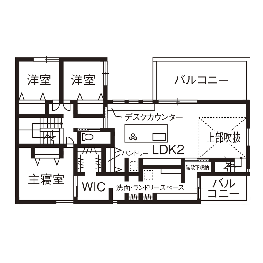 アールギャラリー(アールプランナー) 【二世帯住宅/60坪台/間取り図】家族だけが眺められる中庭のある暮らし。コの字型で造るリゾートな家の間取り図（3LDK+WIC／2階子世帯）2階