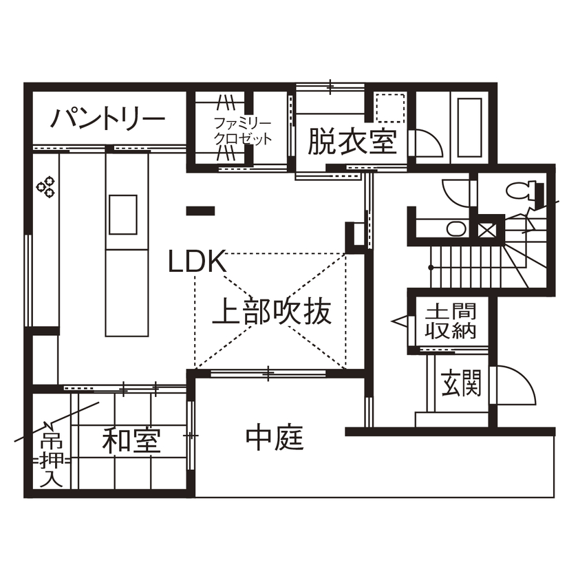 アールギャラリー(アールプランナー) 【3000万円台/40坪台/間取り図】5ｍ超の吹抜けリビング×回遊動線。非日常と日常が交差する家の間取り図（4LDK＋中庭）1階