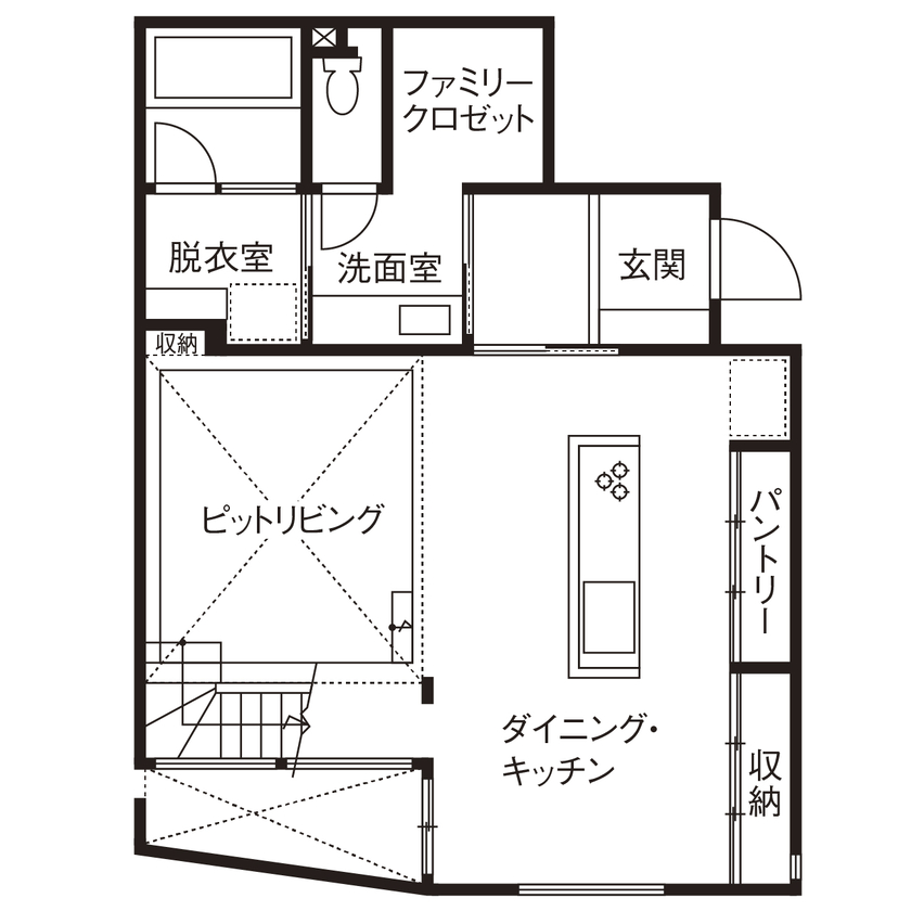 アールギャラリー(アールプランナー) 【2000万円台/30坪台/間取り図】6ｍ超吹抜け×ピットリビング。ギャラリーの様な非日常の寛ぎを、我が家にの間取り図（3LDK＋ピットリビング）1階