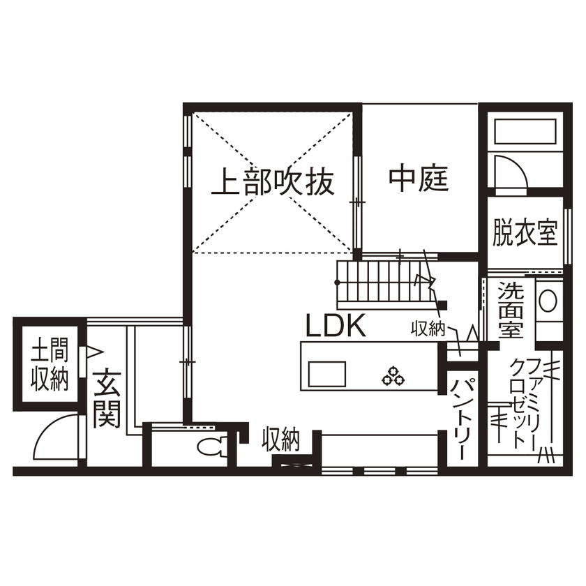 アールギャラリー(アールプランナー) 【3000万円台/30坪台/間取り図】吹抜け×中庭×シースルー階段。駅近立地を感じさせない、リゾート空間の間取り図（3LDK＋書斎＋中庭）1階