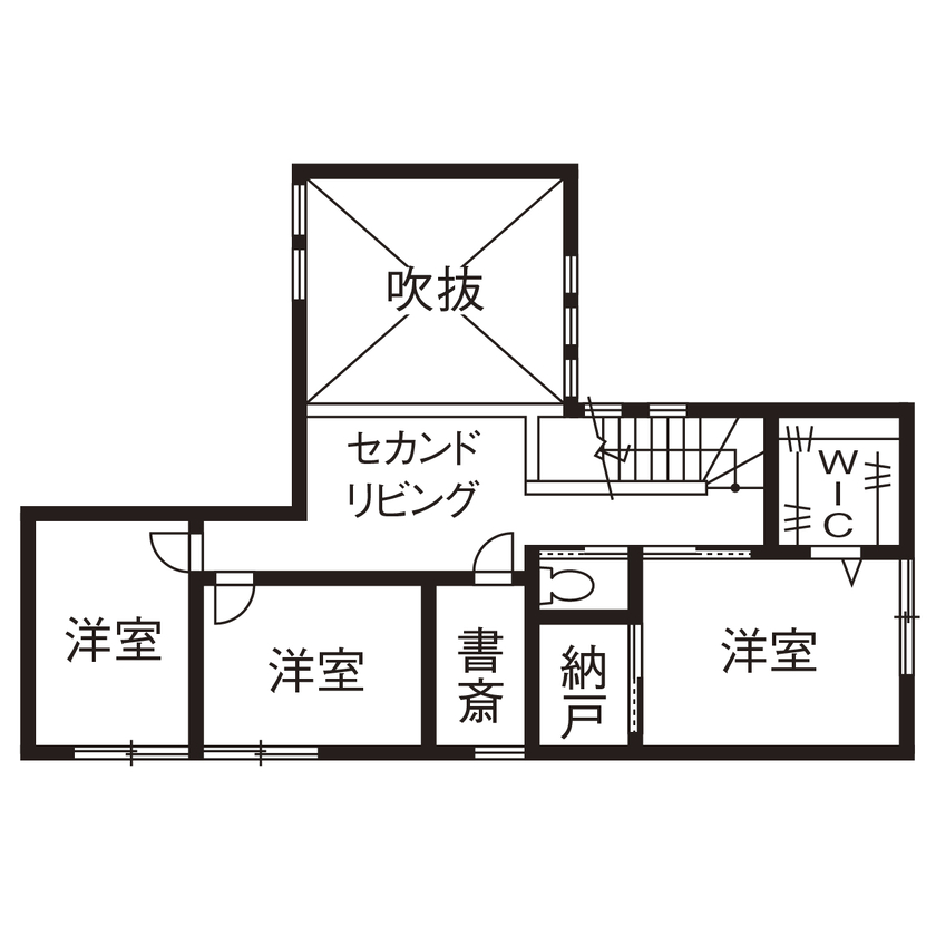 アールギャラリー(アールプランナー) 【3000万円台/30坪台/間取り図】吹抜け×中庭×シースルー階段。駅近立地を感じさせない、リゾート空間の間取り図（3LDK＋書斎＋中庭）2階
