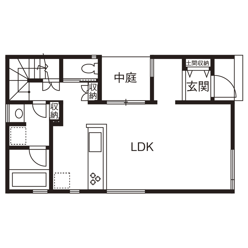 アールギャラリー(アールプランナー) 【1000万円台/20坪台/間取り有/コの字/中庭】家づくりから、暮らしづくりへ。緑景を暮らしに取り込む家の間取り図（3LDK）1階