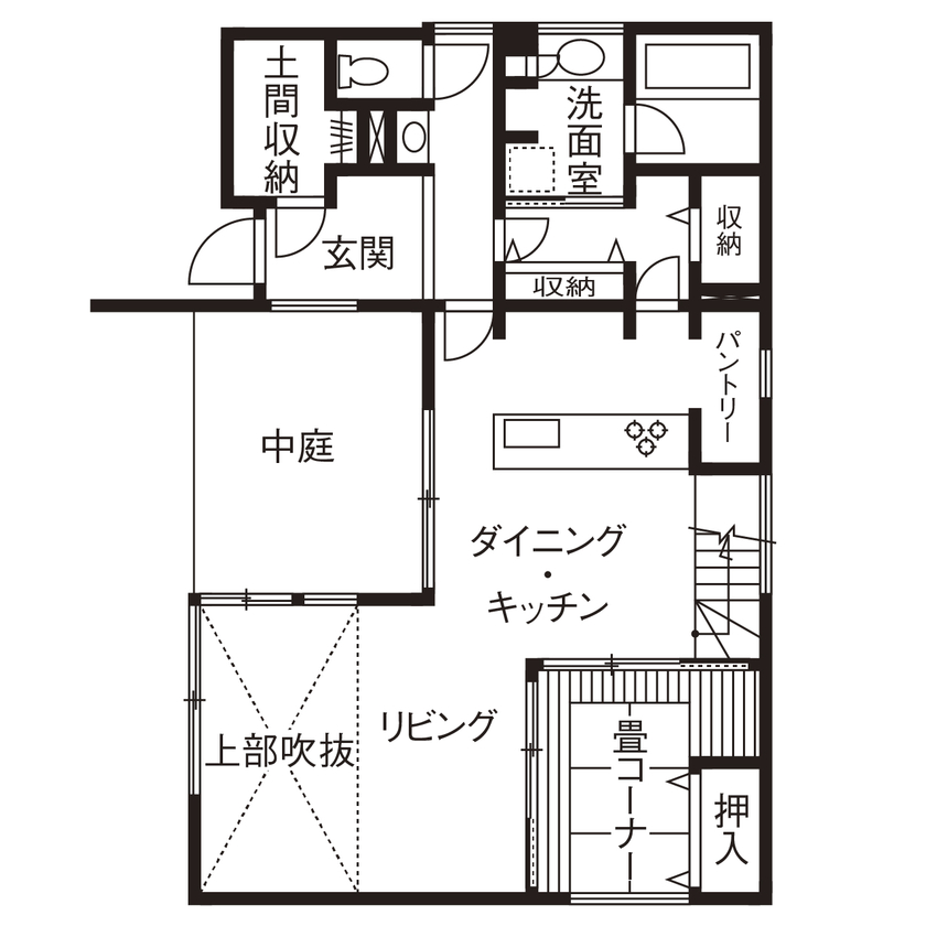 アールギャラリー(アールプランナー) 【3000万円台/2階建て/40坪台/間取り図】立地条件に左右されない、コートプラン。南面を閉じても明るい家の間取り図（3LDK）1階