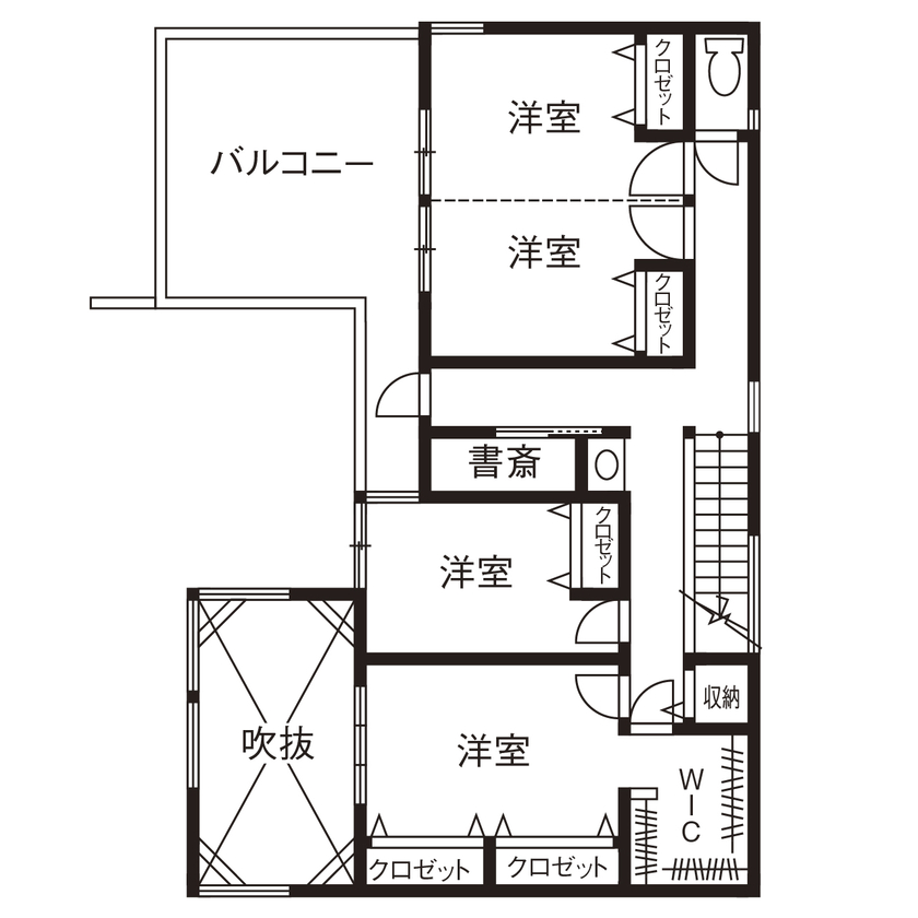 アールギャラリー(アールプランナー) 【3000万円台/2階建て/40坪台/間取り図】立地条件に左右されない、コートプラン。南面を閉じても明るい家の間取り図（3LDK）2階