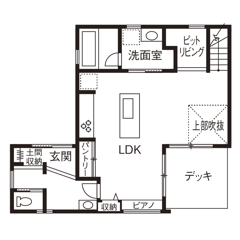 アールギャラリー(アールプランナー) 【1900万円台/30坪台/間取り図】中庭で非日常を楽しむ家。スキップフロア＆ピットリビングで居心地も◎の間取り図（3LDK）1階