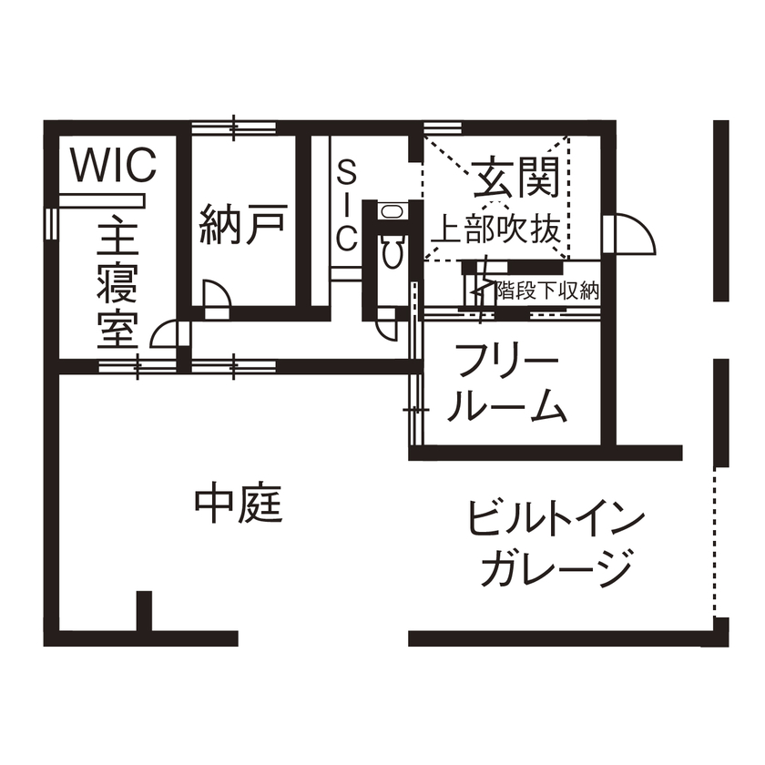 アールギャラリー(アールプランナー) 【4000万円台/2階建て/ビルトインガレージ/中庭/コの字型/間取り図】吹抜け土間＆リビングで遊び心を育む家の間取り図（5K以上）1階